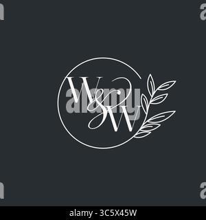 Monogramma per matrimoni, design WW iniziale in uno stile elegante e minimalista con linee circolari e grafica vettoriale con rami a foglia Illustrazione Vettoriale