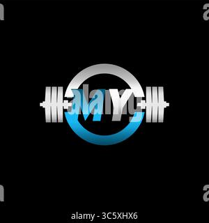 Logo fitness Gym lettera iniziale MY con grafica vettoriale Dumbbell e Circle Illustrazione Vettoriale