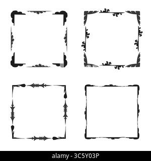 Angoli decorati classici. Curve decorative vintage. Eleganza in stile barocco. Contorno nero dettagliato. Illustrazione Vettoriale