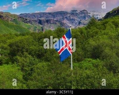 Bandiera islandese immersa nel verde con scogliere e ghiacciai sullo sfondo Foto Stock