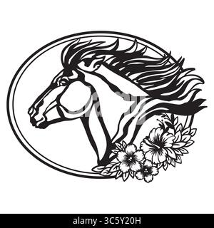 Pony selvatico con criniera lunga e fiori in cornice ovale. Illustrazione vettoriale a cavallo monocromatica a circuito chiuso. Ritratto equino, disegno equestre. F Illustrazione Vettoriale