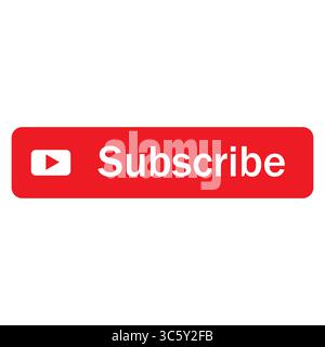 Icona del pulsante di iscrizione. Simbolo di riproduzione rosso. Immagine dei social media. Elemento di cancellazione vettoriale. Illustrazione Vettoriale