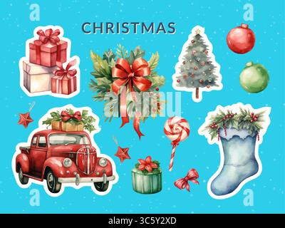 Divertiti con la collezione di adesivi natalizi per festeggiare questa stagione di festa Illustrazione Vettoriale
