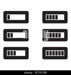 Indicatori batteria impostati. Icone del livello di potenza. Simboli dello stato di carica. Raccolta di energia vettoriale. Illustrazione Vettoriale