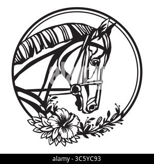 Profilo del cavallo con fiori nell'illustrazione vettoriale del telaio rotondo Illustrazione Vettoriale