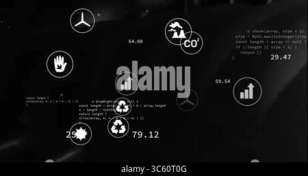 Visualizzazione di icone di dati ambientali mobili su dashboard virtuale, con metriche e frammenti di codice Foto Stock