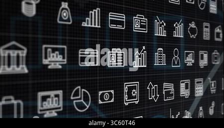 Mostra una griglia di icone con linee bianche raffiguranti banche, carte di credito e salvadanaio sul cruscotto scuro Foto Stock