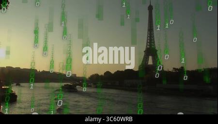 Barche fluviali galleggianti sulla Senna a Parigi, con la silhouette della Torre Eiffel sotto i ruscelli binari che cadono Foto Stock