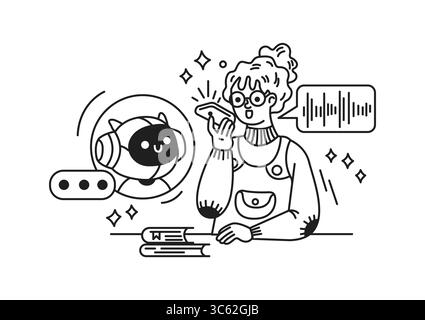 Illustrazione di una persona che interagisce con un'allegra intelligenza artificiale. Line art monocromatica raffigurante la conversazione tramite telefono cellulare. Educativo Illustrazione Vettoriale
