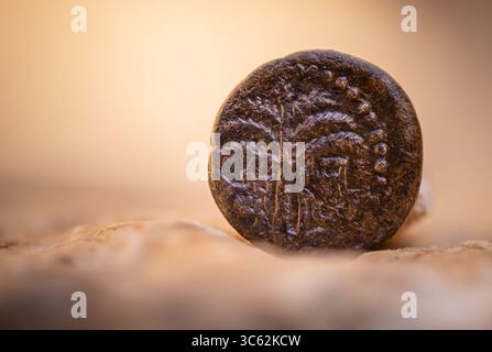 7 maggio 2020, Gerusalemme, Israele: L'Israel Antiquities Authority presenta una rara moneta di bronzo del periodo della rivolta di Bar Kokhba, intorno al 132 d.C., scoperta negli scavi archeologici nel Parco Archeologico di William Davidson sotto il Monte del Tempio. Una faccia della moneta è decorata con un ammasso di uva e l'iscrizione â€˜anno due della libertà di Israelâ ™ e l'altra presenta una palma e l'iscrizione â€˜Jerusalemâ€™, l'unica moneta dell'era della rivolta di Bar Kokhba trovata nella zona in cui˜Jerusalemâ appare la parola â€€™. (Immagine di credito: © Koby Harati/città di David via ZUMA Foto Stock