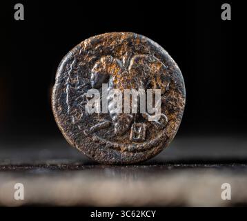 7 maggio 2020, Gerusalemme, Israele: L'Israel Antiquities Authority presenta una rara moneta di bronzo del periodo della rivolta di Bar Kokhba, intorno al 132 d.C., scoperta negli scavi archeologici nel Parco Archeologico di William Davidson sotto il Monte del Tempio. Una faccia della moneta è decorata con un ammasso di uva e l'iscrizione â€˜anno due della libertà di Israelâ ™ e l'altra presenta una palma e l'iscrizione â€˜Jerusalemâ€™, l'unica moneta dell'era della rivolta di Bar Kokhba trovata nella zona in cui˜Jerusalemâ appare la parola â€€™. (Immagine di credito: © Koby Harati/città di David via ZUMA Foto Stock
