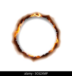 Cerchio di carta bruciata che crea un effetto infuocato su uno sfondo bianco pulito. Fiamme e bordi carbonizzati conferiscono un impatto visivo straordinario, ideale per un design creativo Illustrazione Vettoriale