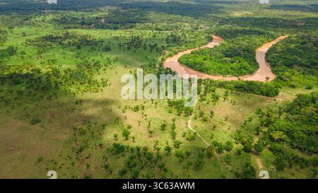 Vista aerea mozzafiato della vibrante vegetazione e del tortuoso fiume di Casanare, Colombia, che mostra bellezza naturale e tranquillità. Foto Stock