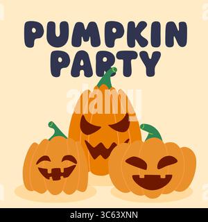 Illustrazione vettoriale di Halloween con tre zucche che mostrano emozioni diverse e scritta "Pumpkin Party". Divertente design a cartoni animati, perfetto per i saluti Illustrazione Vettoriale