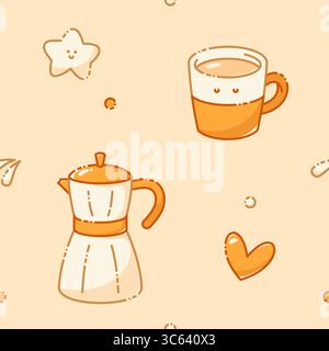 Un set di motivi kawaii senza cuciture per un caffè disegnato in colori pastello. Include macchina per il caffè geyser, marmellata e stelle. Illustrazione Vettoriale
