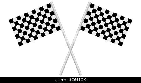 Due bandiere incrociate. Bandiera da corsa a scacchi. Illustrazione vettoriale realistica 3D. Illustrazione Vettoriale