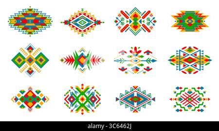 Motivi ornamentali etnici messicani con elementi geometrici popolari. Motivi tribali nativi americani di triangoli colorati, frecce e strisce. Ornamenti aztechi, navajo e maya Illustrazione Vettoriale