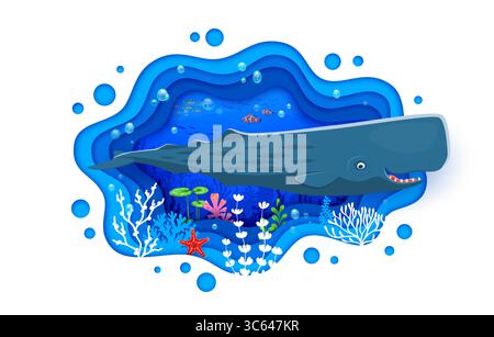 Il paesaggio subacqueo è tagliato in carta con simpatici spermatozoi e pesci marini, striscioni vettoriali. Oceano sottomarino o sottomarino con cachalot gigante o capodoglio, pesci tropicali della barriera corallina e stelle marine Illustrazione Vettoriale