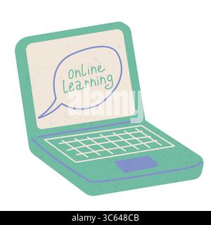 Formazione online, e-learning con concetto di notebook. Illustrazione traboccante vettoriale disegnata a mano Illustrazione Vettoriale