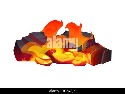 Fiamme da fuoco su carbone, carbone da focolare, bruciare pezzi di carbone di tiglio e cenere. Fuoco vettoriale cartoni animati con fiamme brillanti e brace ardenti che bruciano su legno e pietre annerite, pile di rocce laviche scintillanti Illustrazione Vettoriale