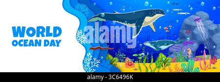 Banner giornaliero World Oceans con balene giganti, foche e paesaggio sottomarino. Banner o volantino per la protezione degli ecosistemi subacquei. Poster delle vacanze giornaliere sull'oceano con cartoni animati, pesci e alghe marine Illustrazione Vettoriale