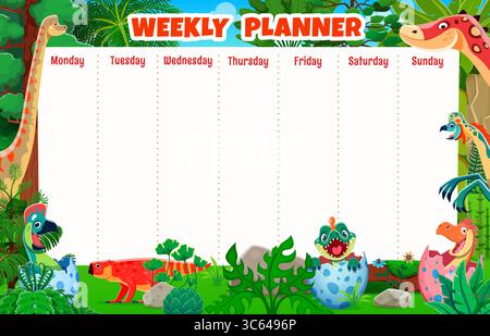 Programma settimanale per bambini con simpatici personaggi dei dinosauri. Lezioni di educazione per bambini o attività settimanali programma dell'organizzazione o modello vettoriale pianificatore con dinosauri preistorici personaggi allegri Illustrazione Vettoriale