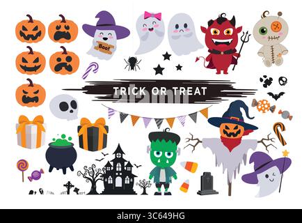 Design vettoriale degli elementi Halloween. Felice testo di halloween con zucche, fantasmi, demoni, mostro, elementi decorativi della scatola regalo collezione piatta isolata Illustrazione Vettoriale