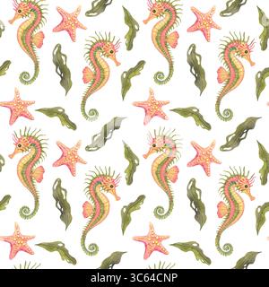 Cavallucci marini di colore verde chiaro con macchie gialle, stelle marine rosa corallo e alghe vorticose illustrate in acquerello come un clipart senza cuciture. Ideale per tessuti e biancheria da letto per bambini Foto Stock