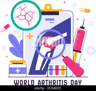 Illustrazione giornata Mondiale dell'artrite con trattamento medico per reumatismi e osteoartrite con una scansione a raggi X e struttura ossea in uno sfondo Illustrazione Vettoriale
