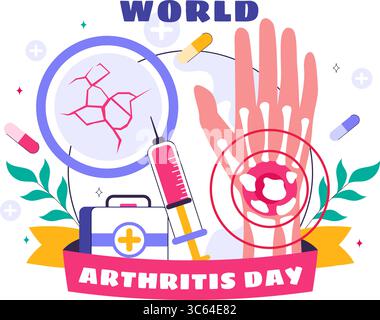 Illustrazione giornata Mondiale dell'artrite con trattamento medico per reumatismi e osteoartrite con una scansione a raggi X e struttura ossea in uno sfondo Illustrazione Vettoriale