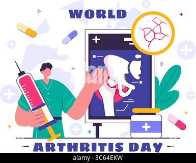Illustrazione giornata Mondiale dell'artrite con trattamento medico per reumatismi e osteoartrite con una scansione a raggi X e struttura ossea in uno sfondo Illustrazione Vettoriale