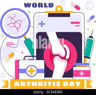Illustrazione giornata Mondiale dell'artrite con trattamento medico per reumatismi e osteoartrite con una scansione a raggi X e struttura ossea in uno sfondo Illustrazione Vettoriale