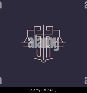 Lettera iniziale del logo JR con scala di giustizia, design geometrico di lusso, grafica vettoriale Illustrazione Vettoriale