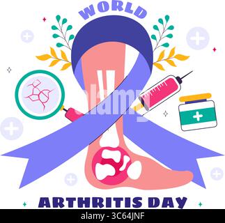Illustrazione giornata Mondiale dell'artrite con trattamento medico per reumatismi e osteoartrite con una scansione a raggi X e struttura ossea in uno sfondo Illustrazione Vettoriale