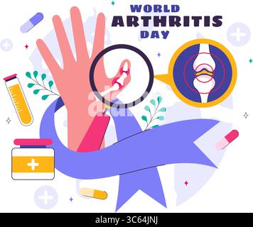 Illustrazione giornata Mondiale dell'artrite con trattamento medico per reumatismi e osteoartrite con una scansione a raggi X e struttura ossea in uno sfondo Illustrazione Vettoriale