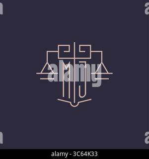 Logo MJ con lettera iniziale e scala di giustizia grafica vettoriale in stile geometrico di lusso Illustrazione Vettoriale