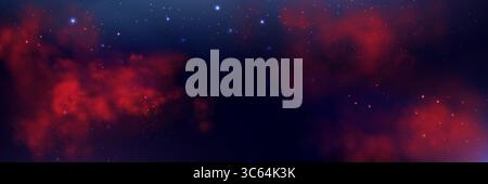 Spazio rosso realistico sfondo fumo nebulosa. Trama astratta della nebbia e stelle brillanti. Galassia colorata magica con stardust. Illustrazione del vettore astratto Illustrazione Vettoriale