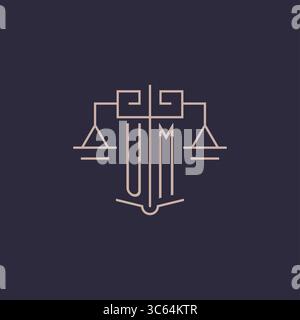 Logo UM iniziale con scala di giustizia, design geometrico di lusso e grafica vettoriale Illustrazione Vettoriale