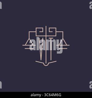 Logo VT con lettera iniziale e scala di giustizia, design geometrico di lusso, grafica vettoriale Illustrazione Vettoriale