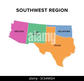 Regione sud-occidentale degli Stati Uniti, mappa a colori. Anche gli Stati Uniti sudoccidentali, il sud-ovest americano o semplicemente il sud-ovest, una regione geografica. Foto Stock