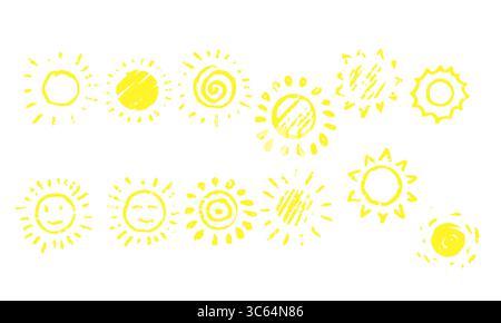 Sole giallo, disegnato a mano, icone in stile doodle. Illustrazione vettoriale. Semplici simboli grafici di alba, tramonto e calore estivo isolati sul bianco Illustrazione Vettoriale