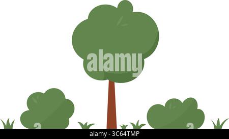 Alberi e cespugli verdi ed erba. Semplici elementi di cartone animato piatto per la progettazione di giardini o parchi. Illustrazione Vettoriale