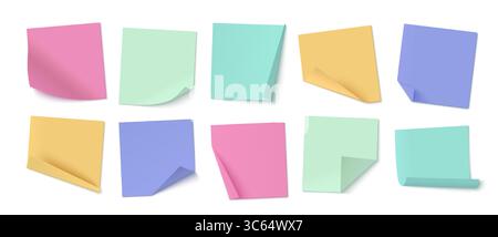 Colorata raccolta di note adesive di memo in colori pastello. Fogli adesivi quadrati con angoli arricciati per promemoria di ufficio o pianificazione. Adesivi in carta bianca per i messaggi e l'organizzazione. Illustrazione Vettoriale