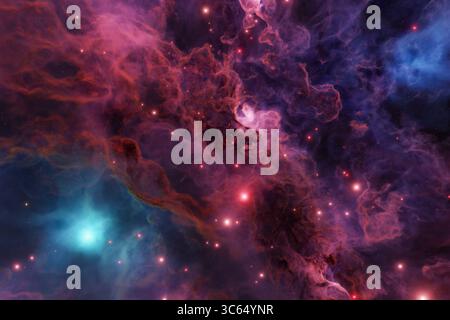 Nebulosa colorata con nuvole di gas rosse, viola, blu e verdi. Foto Stock