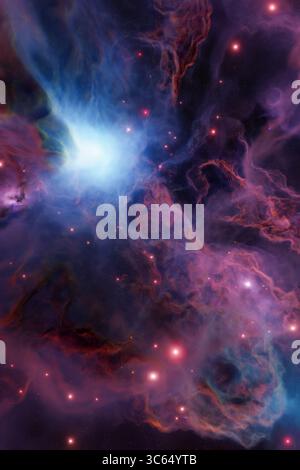 Nebulosa vorticosa con nuvole di gas azzurro, viola e rosse accese nello spazio profondo. Foto Stock