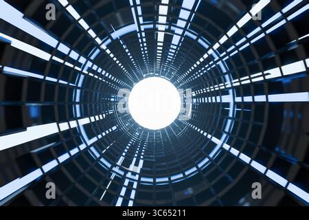 Un tunnel blu e bianco high-tech con una luce brillante alla fine, con un design futuristico. Foto Stock