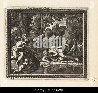 Narciso si è trasformato in un narciso per amarsi. Narciso fissa il suo riflesso in uno specchio d'acqua accompagnato dai suoi cani da caccia. Cupido gli spara un dardo, e la maledetta ninfa Echo lo chiama. Narcisse en Fleur. Copperplate Engraving from Metamorphoses d’Ovide, Engravings for Ovid’s Metamorphoses, chez Audran, Paris, 1676. Foto Stock