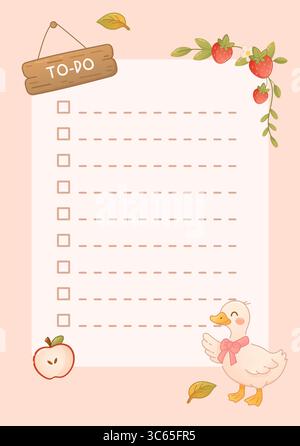 Pagina della lista delle cose da fare carina con anatra, ramoscello di fragole, insegna di legno e disposizione della lista di controllo. Perfetto per pianificatori e appunti digitali. Illustrazione Vettoriale