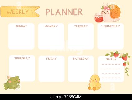 Adorabile modello settimanale di pianificazione con anatra cartoni animati, rana, lumaca e fragole. Perfetto per bambini, diario o pianificatori stampabili. Illustrazione Vettoriale