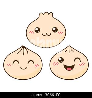 Carino Happy Dim Sum. Personaggio di Cartoon Bao sorridente. Guanciali cinesi tradizionali con volti divertenti Illustrazione Vettoriale